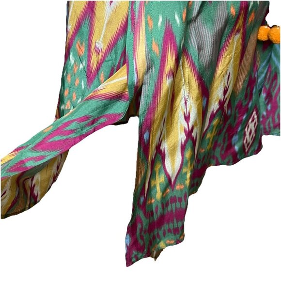 Figue Dress L Womens Multicolor Ikat Silk V Neck Short Sleeve Kaftan Tie Beach - Picture 10 of 12